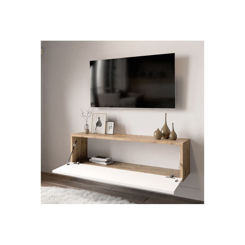 Mueble Mesa TV Moderno con Puerta en Melamina Color Blanco y Cambria 100x31.5x29.6cm - Diseño Elegante para Salón.