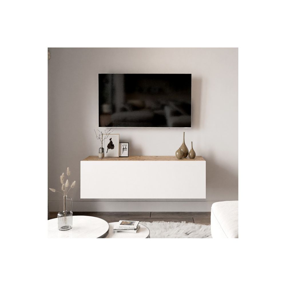 Mueble Mesa TV Moderno con Puerta en Melamina Color Blanco y Cambria 100x31.5x29.6cm - Diseño Elegante para Salón.
