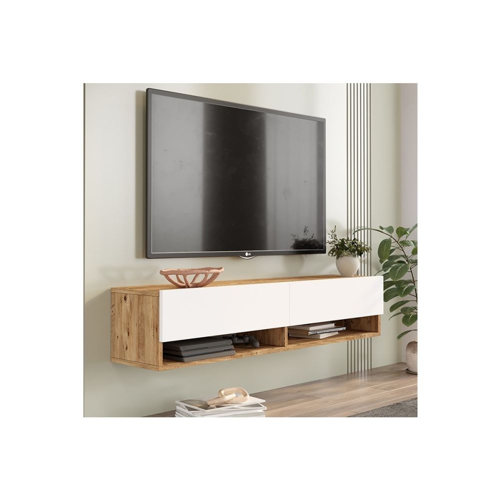 Mueble Mesa TV de Pared Color Blanco-Roble 140x31.6x29.6 cm - 2 Puertas - Estilo Moderno y Funcional.