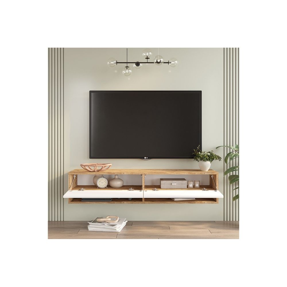 Mueble Mesa TV de Pared Color Blanco-Roble 140x31.6x29.6 cm - 2 Puertas - Estilo Moderno y Funcional.