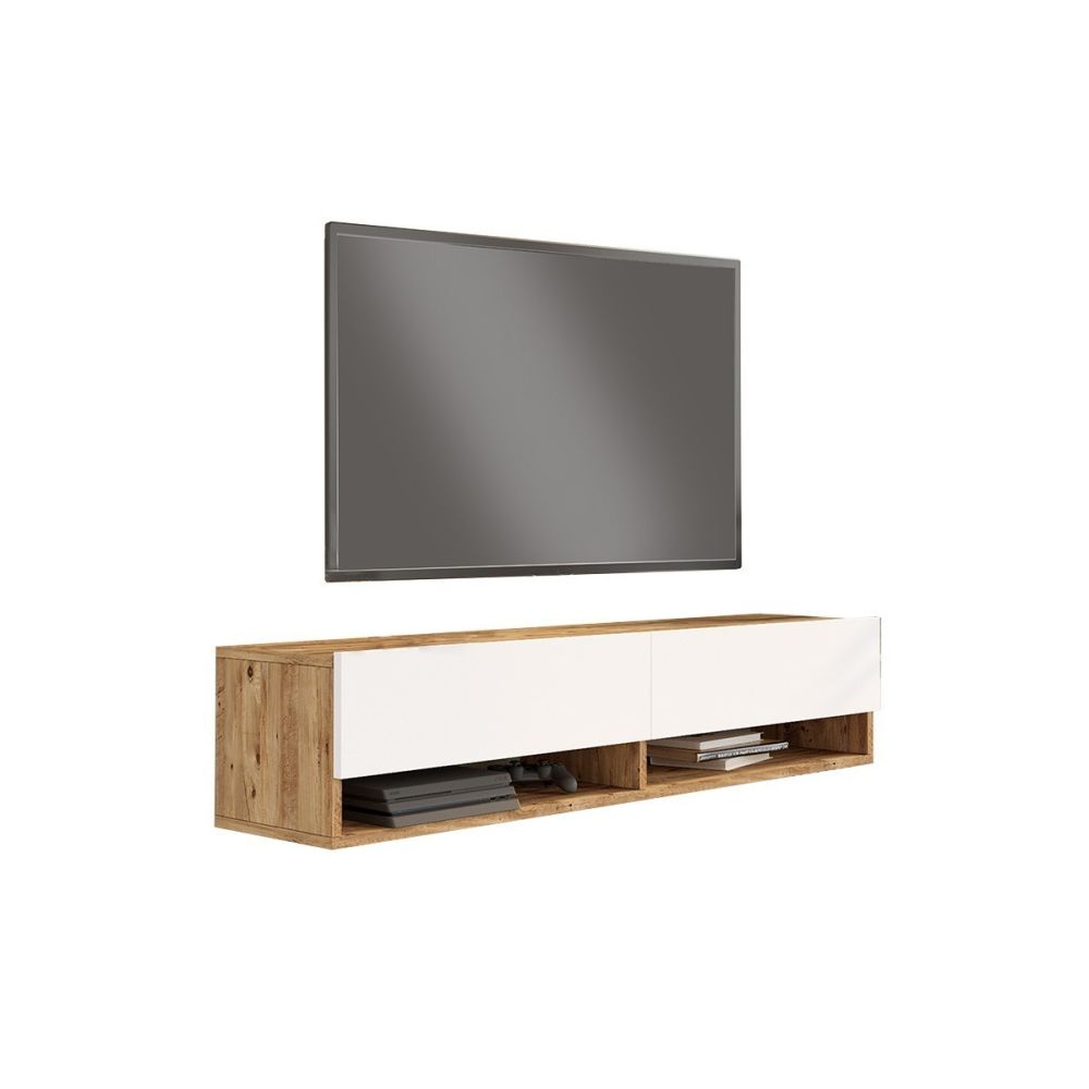 Mueble Mesa TV de Pared Color Blanco-Roble 140x31.6x29.6 cm - 2 Puertas - Estilo Moderno y Funcional.