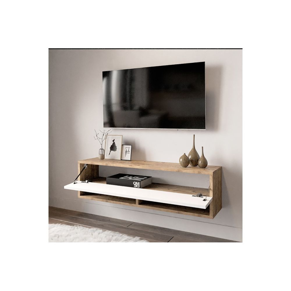 Mueble Mesa TV Moderno con 1 Puerta y Estantes en Melamina Color Cambria y Blanco - 100x31.5x29.6cm