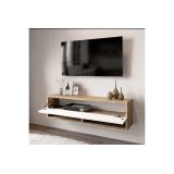 Mueble Mesa TV Moderno con 1 Puerta y Estantes en Melamina Color Cambria y Blanco - 100x31.5x29.6cm