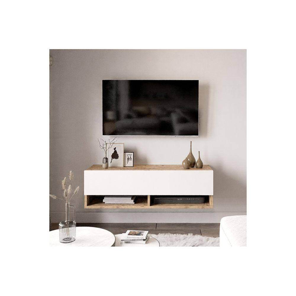 Mueble Mesa TV Moderno con 1 Puerta y Estantes en Melamina Color Cambria y Blanco - 100x31.5x29.6cm