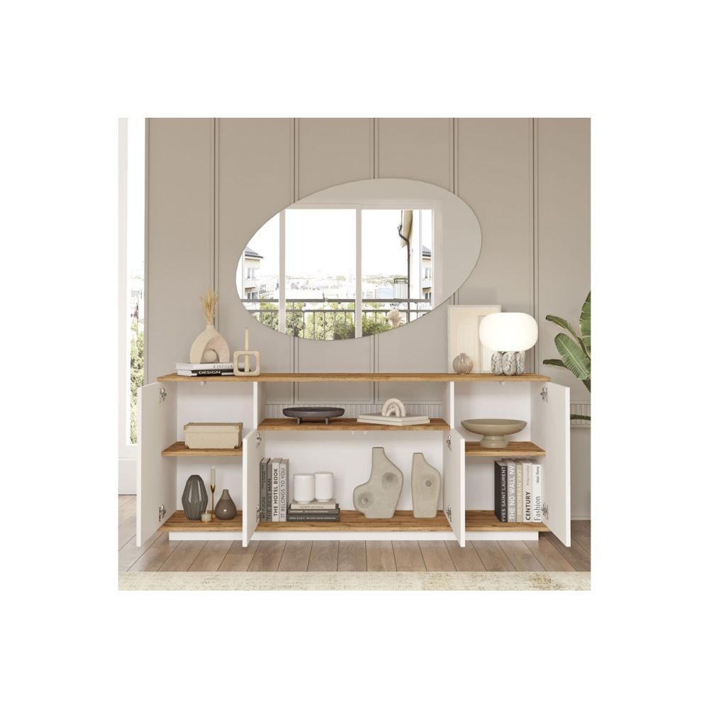 Buffet con 4 Puertas y Estantes en Melamina Blanco y Natural, 180x44.5x75 cm