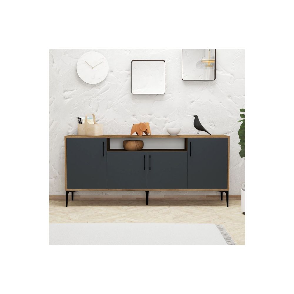 Buffet de Melamina Sonoma Oscuro-Negro - 180x40,5x78cm - Elegante Almacenamiento para Comedor