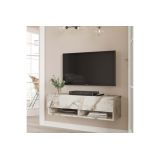 Mueble Mesa TV Moderno con 1 Puerta y Estantes en Melamina Color Mármol Marfil - 100x31.5x29.6cm