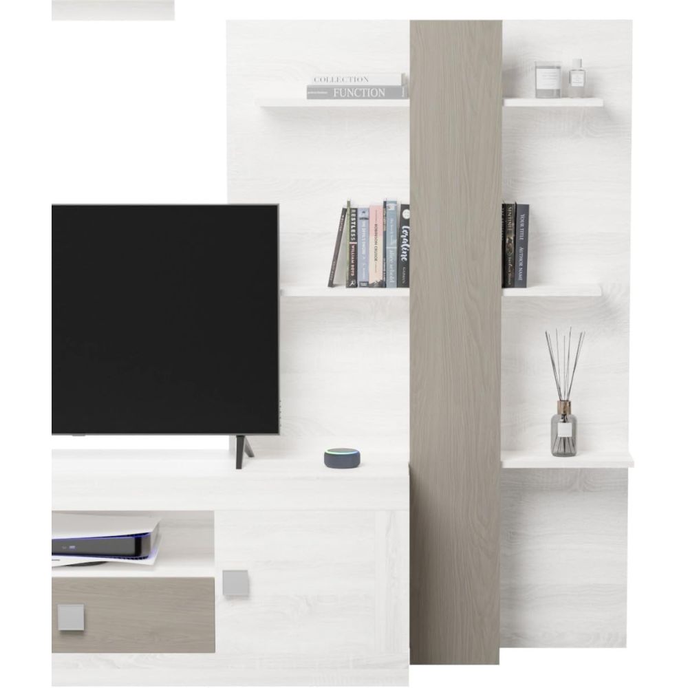 Mueble de Salón Moderno con Leds, Acabado en Andersen Pino -Gris, Medidas: 300 cm (An) x 200 cm (Al) 40 cm (Fon) - Meyvaser