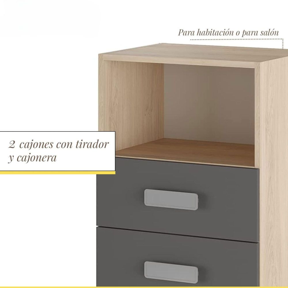 Mesita de noche - Dormitorio o Mesa Auxiliar Salón, Natural y Grafito Veteado, 47.5 x 73 x 39.6 Cm