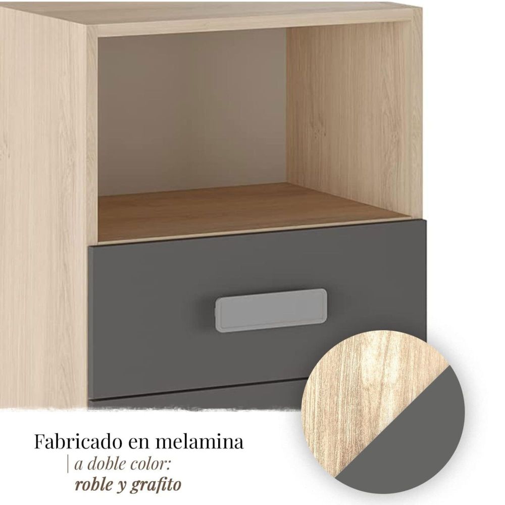 Mesita de noche - Dormitorio o Mesa Auxiliar Salón, Natural y Grafito Veteado, 47.5 x 73 x 39.6 Cm