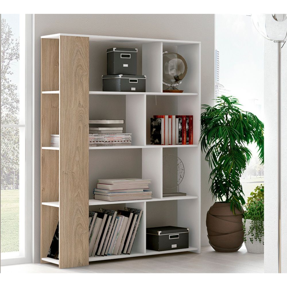 Estantería Decorativa, Librería, Acabado en Roble y Blanco, Medidas: 176 cm (Al) x 129 cm (Anc) x 28 cm (Fon)