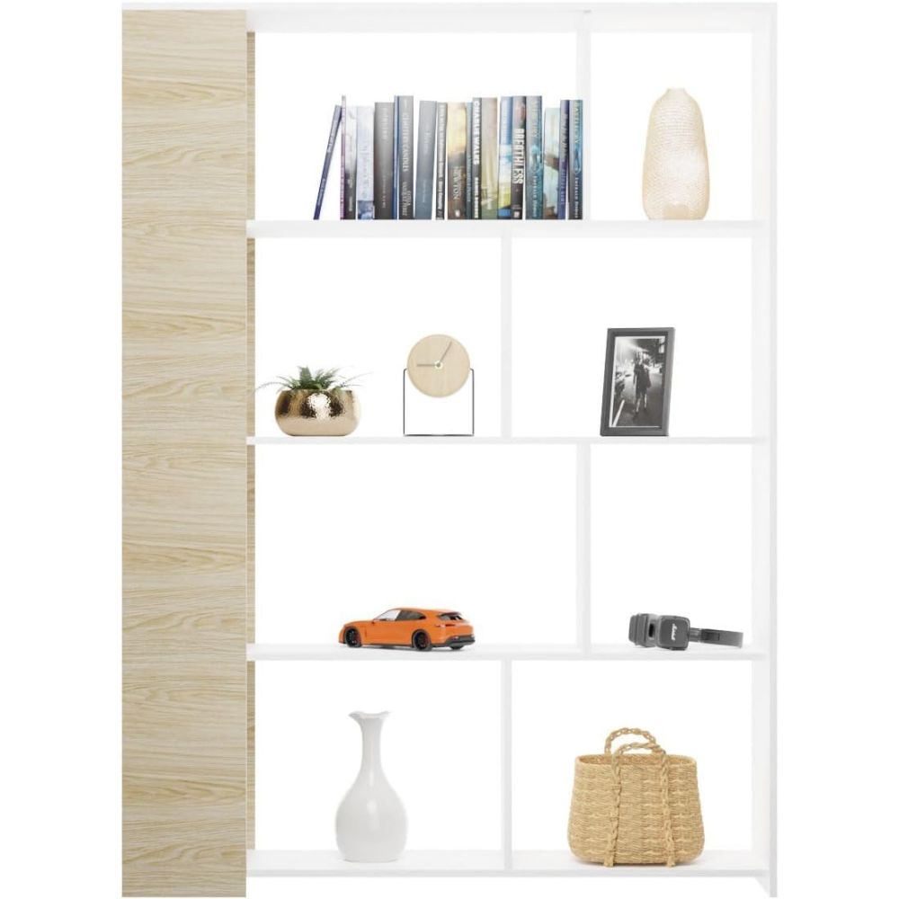 Estantería Decorativa, Librería, Acabado en Roble y Blanco, Medidas: 176 cm (Al) x 129 cm (Anc) x 28 cm (Fon)