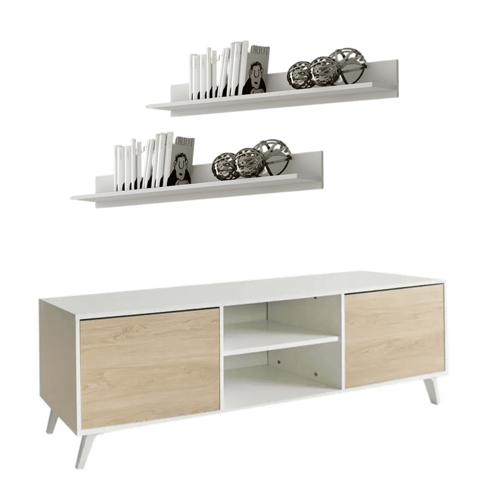 Mueble de TV de Diseño Nórdico + 2 Estantes, 2 Estantes y 2 Puertas,Cambrian-Blanco, 49cm(Al) x 180cm (Anc) x 40cm (Fon)