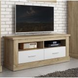 Mueble Mesa TV,Mesa de televisión 2 Puertas y 2 Estantes, Acabado en Cambria y Blanco, Patas de Madera, 135 cm Lar x 56,6 cm Al