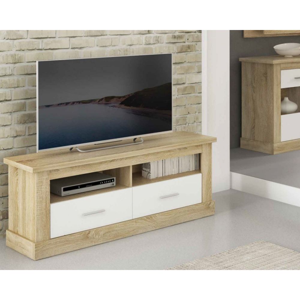 Mueble Mesa TV,Mesa de televisión 2 Puertas y 2 Estantes, Acabado en Cambria y Blanco, Patas de Madera, 135 cm Lar x 56,6 cm Al