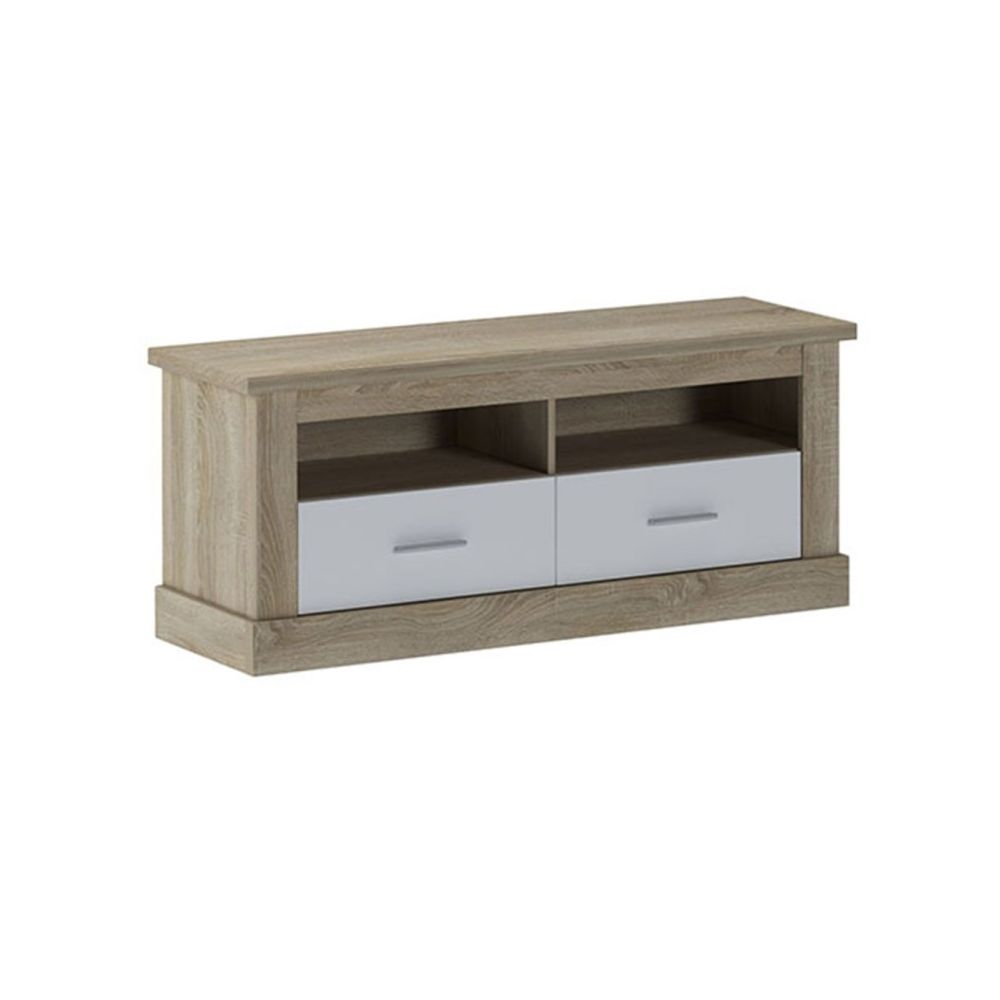 Mueble Mesa TV,Mesa de televisión 2 Puertas y 2 Estantes, Acabado en Cambria y Blanco, Patas de Madera, 135 cm Lar x 56,6 cm Al