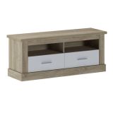 Mueble Mesa TV,Mesa de televisión 2 Puertas y 2 Estantes, Acabado en Cambria y Blanco, Patas de Madera, 135 cm Lar x 56,6 cm Al