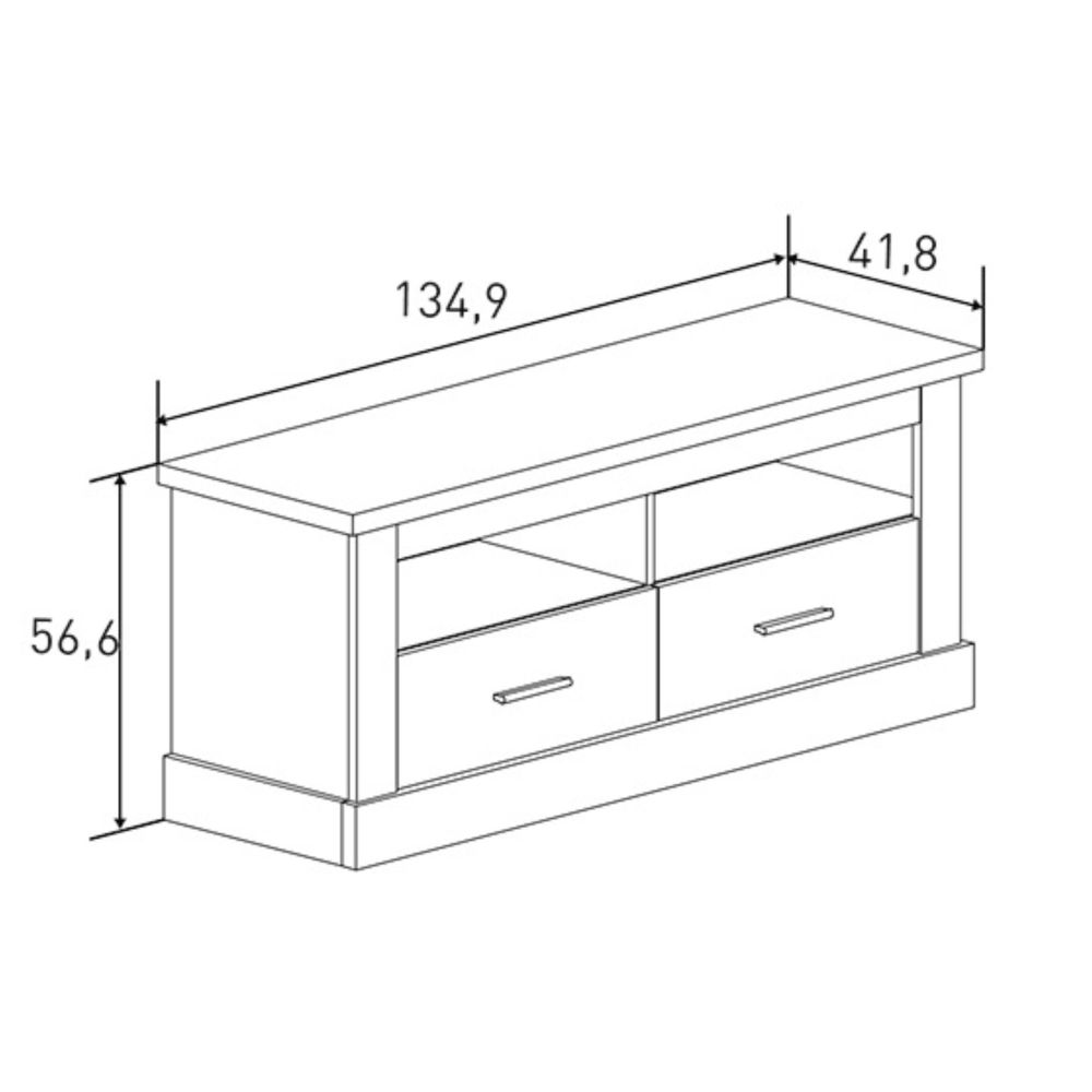 Mueble Mesa TV,Mesa de televisión 2 Puertas y 2 Estantes, Acabado en Cambria y Blanco, Patas de Madera, 135 cm Lar x 56,6 cm Al
