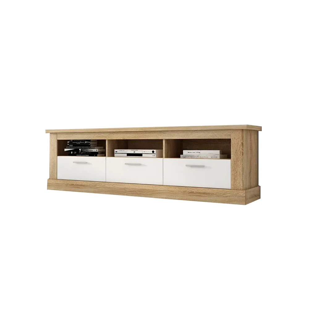 Mueble Mesa TV, 3 Puertas y 3 Estantes, Acabado en Cambria y Blanco,180 cm Lar x 56,6 cm Al x