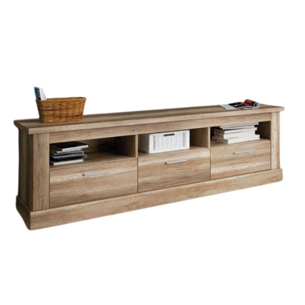 Mueble Mesa TV,Mesa de televisión 3 Puertas y 3 Estantes, Acabado en Color Cañón, Patas de Madera,180 cm Lar x 56,6 cm Al x 41,8
