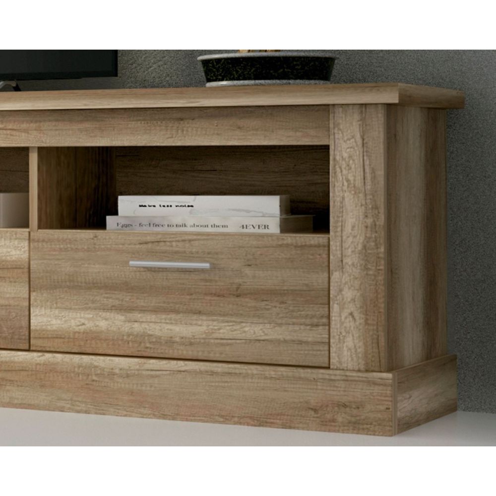 Mueble Mesa TV,Mesa de televisión 3 Puertas y 3 Estantes, Acabado en Color Cañón, Patas de Madera,180 cm Lar x 56,6 cm Al x 41,8