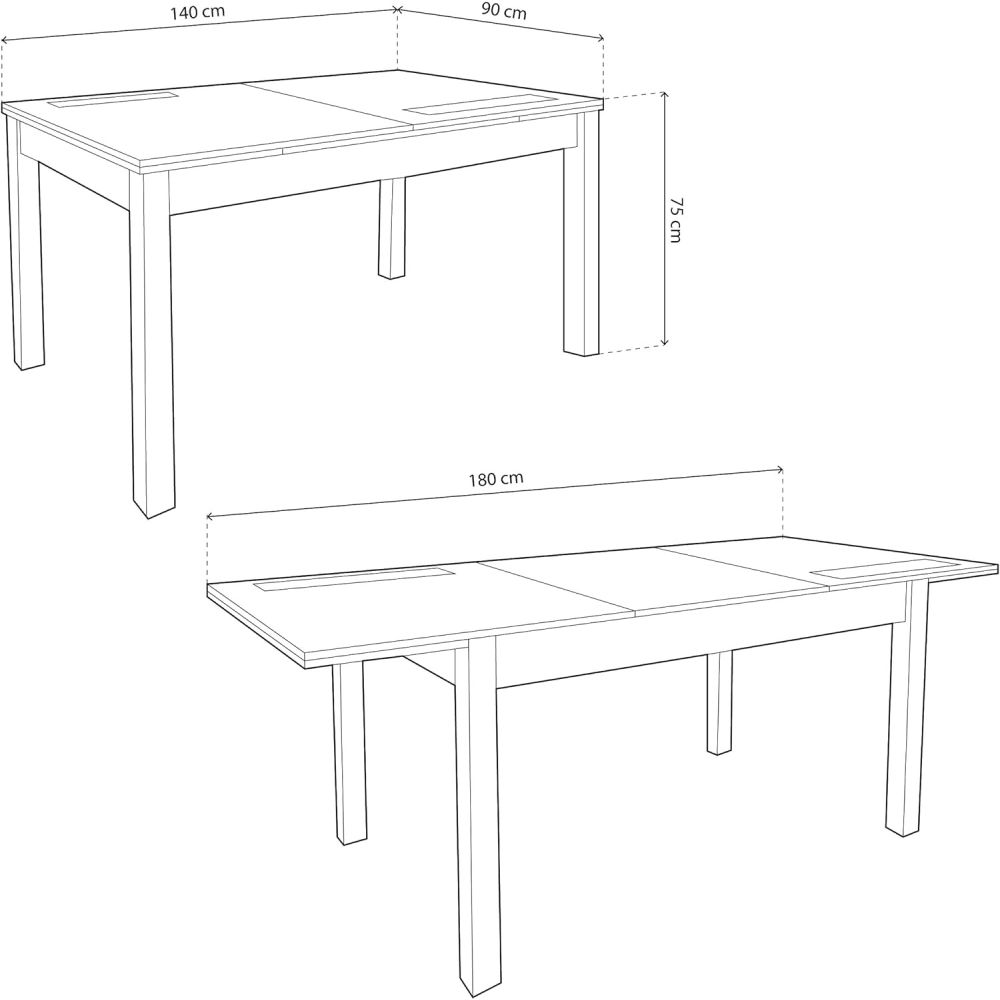 Mesa Comedor, Mesa de salón Extensible, Acabado en Color Blanco, Medidas: 140-180 cm (Largo) x 90 cm (Ancho) x 75 cm (Alto)