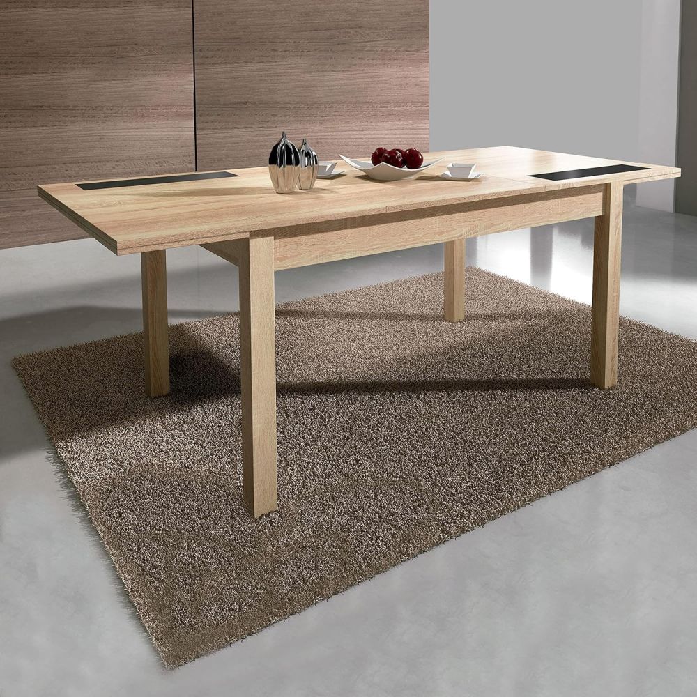 Mesa Comedor, Mesa de salón Extensible, Acabado en Color Cambria y Cristal, Medidas: 140-180 cm (Lar) x 90 cm (Anc) x 75 cm (Al)