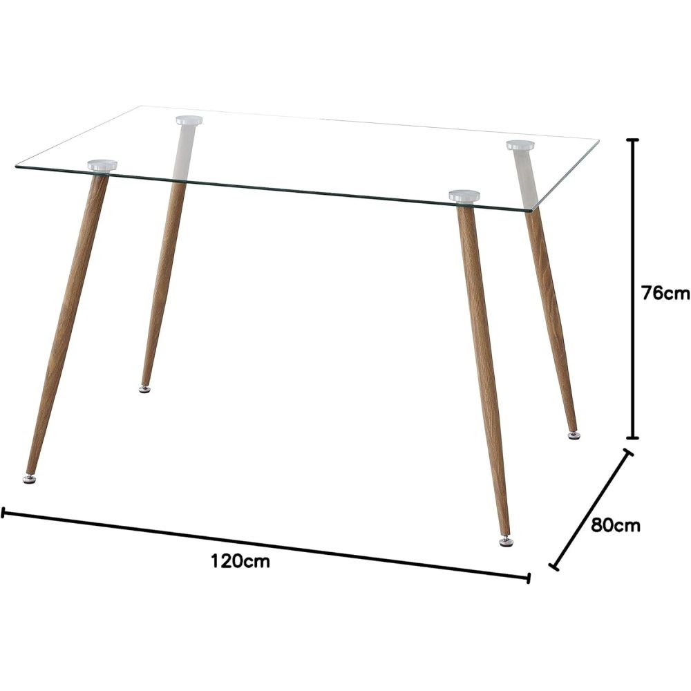 Mesa de Comedor Fija - Cristal Templado y Patas Metálicas con Acabado Madera | 120x80X76 cm