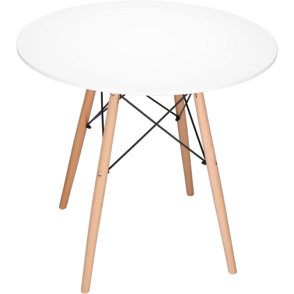 Mesa Redonda de Comedor o Cocina en Patas de Madera y Tapa Blanca – 80 cm de Diámetro y 75 cm de Alto.