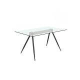 Mesa de Comedor de Cristal Templado - Patas Metálicas Negras y Travesaño de Madera | Diseño Moderno | 140x90 x 75 cm