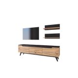 Mueble Mesa TV Completo en Melamina Color Roble y Negro, 180x35x48.5 cm, con 2 Estantes