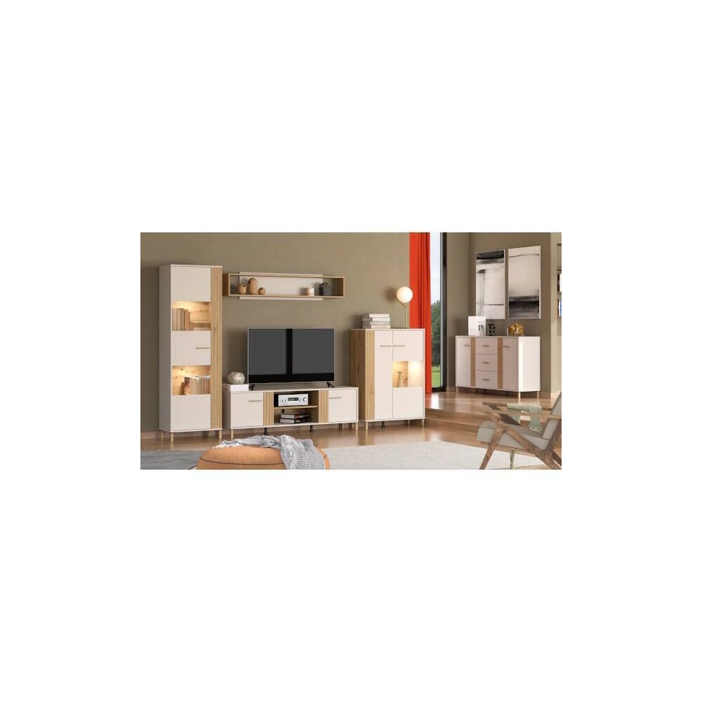 Mueble Mesa TV en Melamina Color Cashmere y Roble Artisan con 2 Puertas - Medidas 163,5x40x52 cm