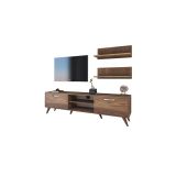 Mueble Mesa TV Completo en Melamina Color Nogal, 180x35x48.5 cm, con 2 Estantes