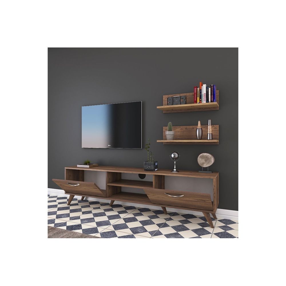 Mueble Mesa TV Completo en Melamina Color Nogal, 180x35x48.5 cm, con 2 Estantes