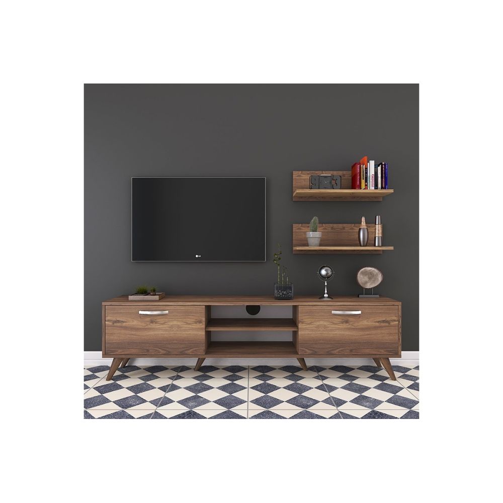 Mueble Mesa TV Completo en Melamina Color Nogal, 180x35x48.5 cm, con 2 Estantes