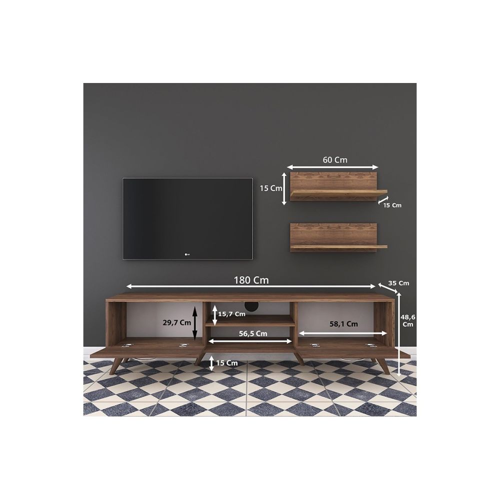 Mueble Mesa TV Completo en Melamina Color Nogal, 180x35x48.5 cm, con 2 Estantes