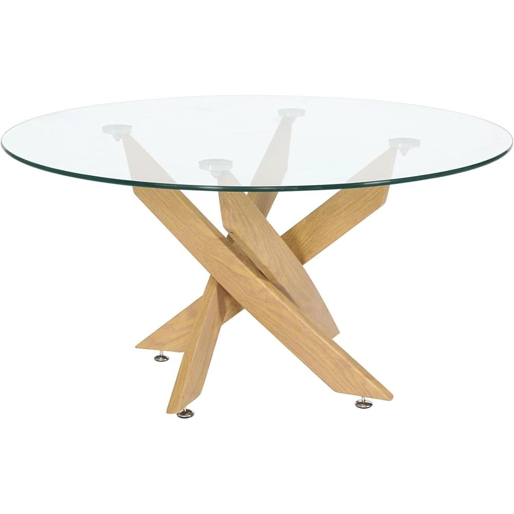 Mesa de Centro Redonda con Tapa de Cristal 8 mm y Patas Metálicas en Acabado Madera - Medidas 80x40 cm
