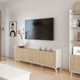 Mueble-Mesa Tv, Salón Comedor 4 Puertas, Armario Auxiliar Color Blanco y Roble, Medidas: 180x63x33,5 Cm