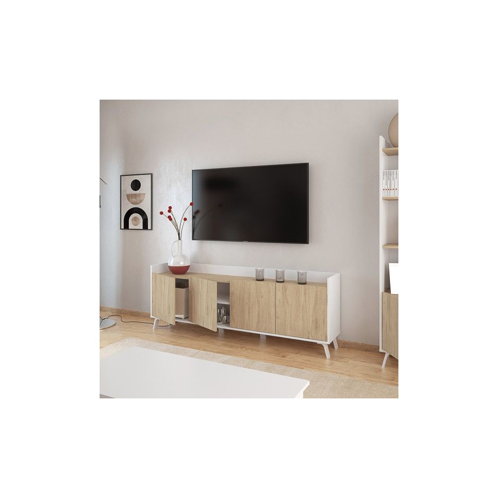 Mueble-Mesa Tv, Salón Comedor 4 Puertas, Armario Auxiliar Color Blanco y Roble, Medidas: 180x63x33,5 Cm