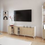 Mueble-Mesa Tv, Salón Comedor 4 Puertas, Armario Auxiliar Color Blanco y Roble, Medidas: 180x63x33,5 Cm