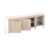 Mueble-Mesa Tv, Salón Comedor 4 Puertas, Armario Auxiliar Color Blanco y Roble, Medidas: 180x63x33,5 Cm