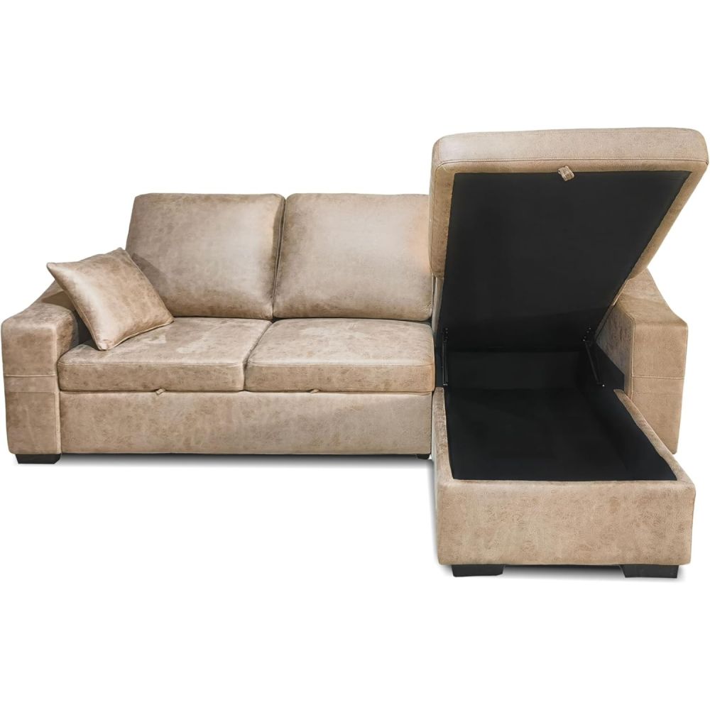 Sofá Cama 3 Plazas Reversible con Chaiselongue y Almacenaje, Tapizado en Tela Piedra, 229x93x153 cm