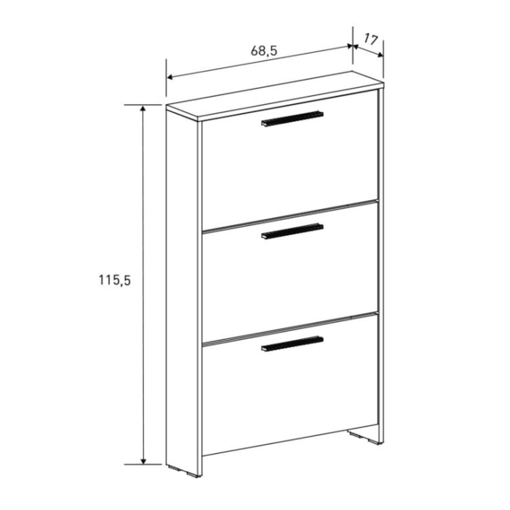 Zapatero con 3 Puertas, Mueble para Zapatos Estrecho en Color Mauvella, Medidas: 115 cm (Alto) x 68,5 cm (Ancho) x 17 cm (Fondo)
