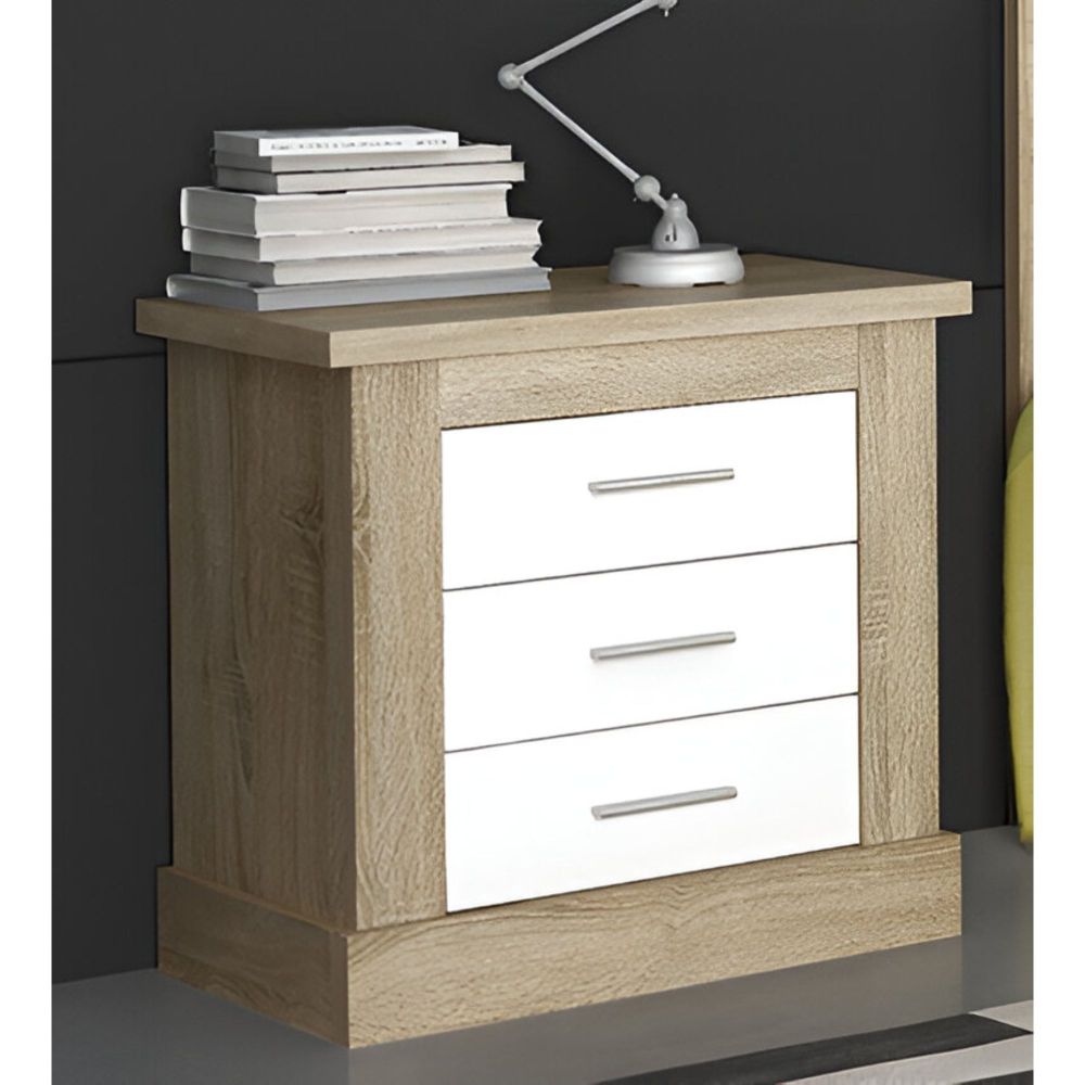 Mesita de Noche 3 Cajones, Mesilla de Dormitorio, Color Cambrian y Blanco , Medidas: 66 cm (anc) x 39,6 cm (Fo) x 63,8 cm (Al)